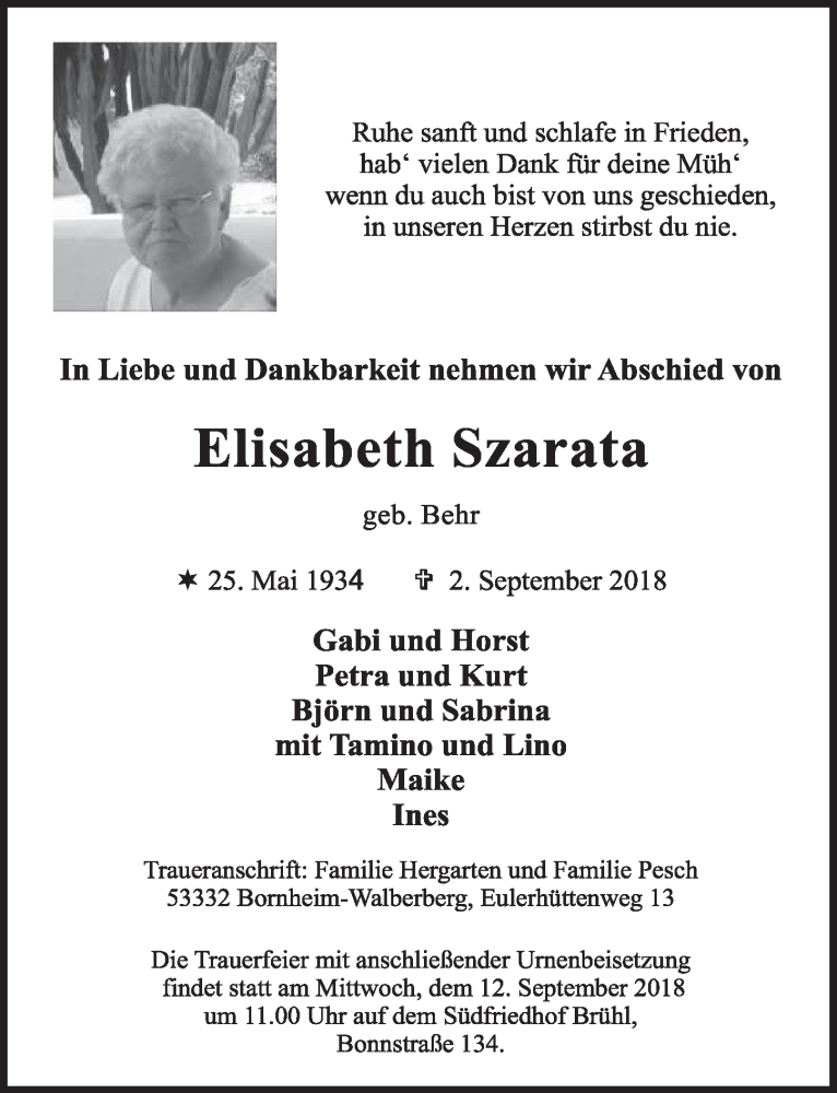  Traueranzeige für Elisabeth Szarata vom 12.09.2018 aus  Schlossbote/Werbekurier 