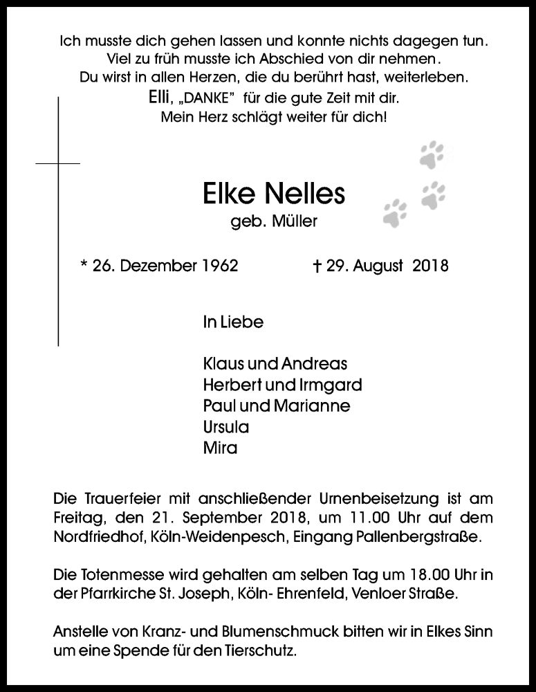  Traueranzeige für Elke Nelles vom 15.09.2018 aus Kölner Stadt-Anzeiger / Kölnische Rundschau / Express