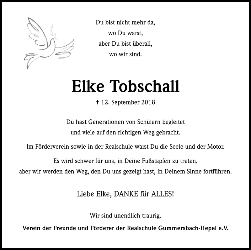  Traueranzeige für Elke Tobschall vom 22.09.2018 aus Kölner Stadt-Anzeiger / Kölnische Rundschau / Express