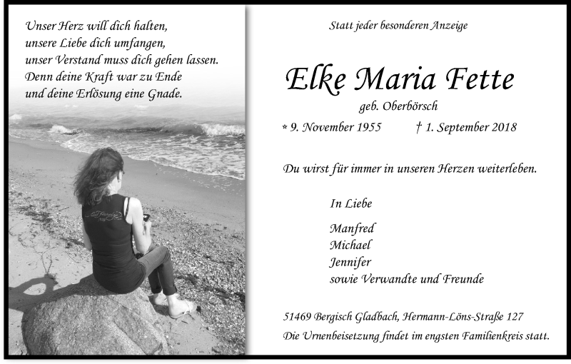  Traueranzeige für Elke Maria Fette vom 08.09.2018 aus Kölner Stadt-Anzeiger / Kölnische Rundschau / Express