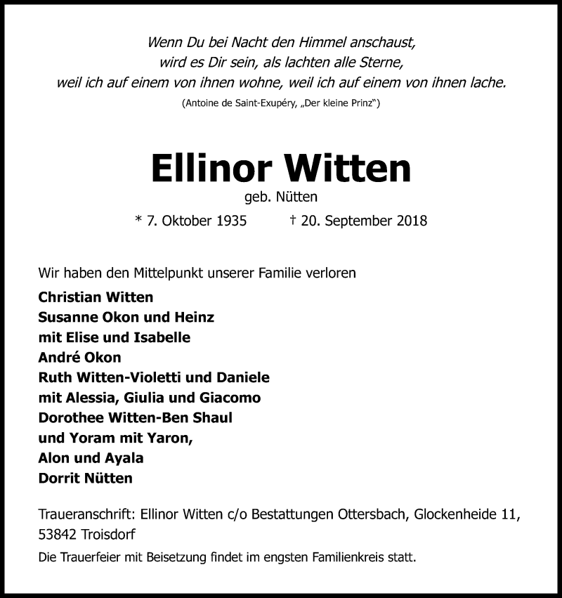  Traueranzeige für Ellinor Witten vom 22.09.2018 aus Kölner Stadt-Anzeiger / Kölnische Rundschau / Express