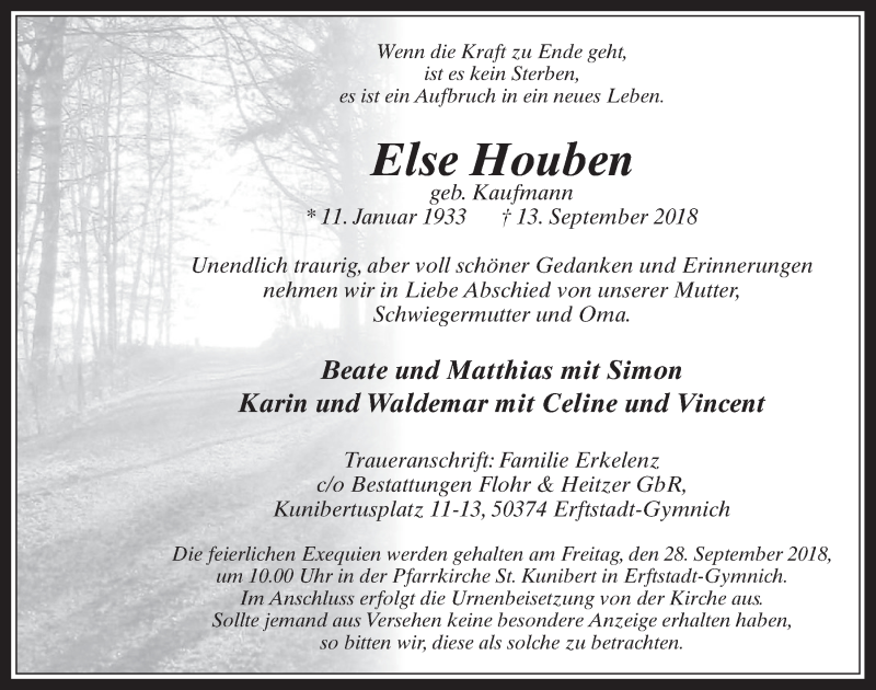  Traueranzeige für Else Houben vom 26.09.2018 aus  Werbepost 
