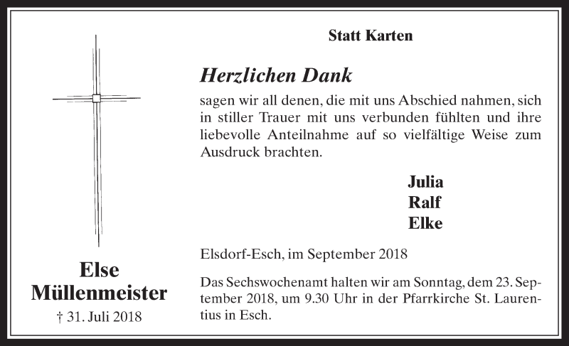  Traueranzeige für Else Müllenmeister vom 19.09.2018 aus  Werbepost 