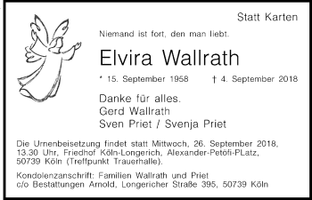 Anzeige von Elvira Wallrath von Kölner Stadt-Anzeiger / Kölnische Rundschau / Express