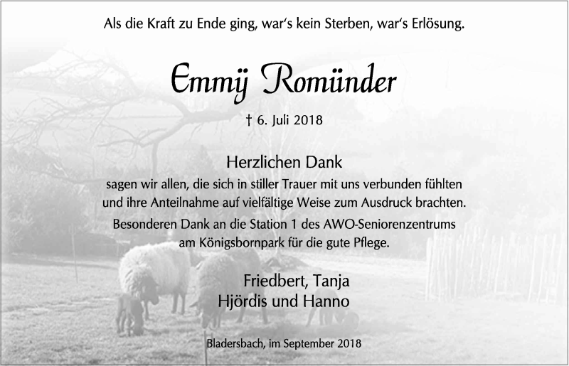  Traueranzeige für Emmy Romünder vom 05.09.2018 aus  Lokalanzeiger 