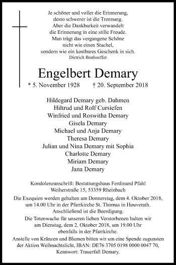 Anzeige von Engelbert Demary von Kölner Stadt-Anzeiger / Kölnische Rundschau / Express