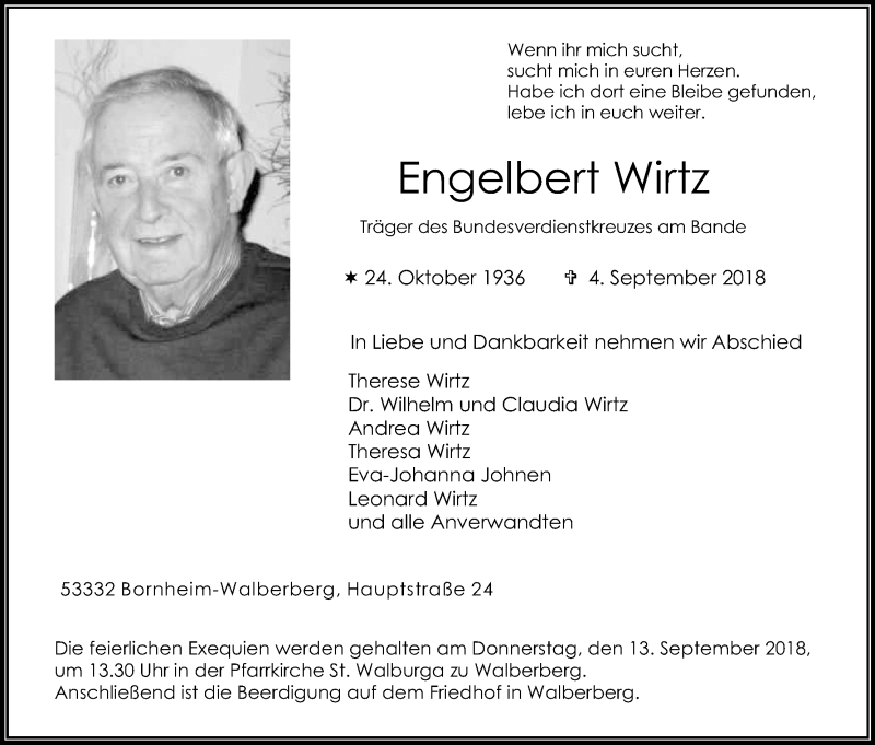  Traueranzeige für Engelbert Wirtz vom 08.09.2018 aus Kölner Stadt-Anzeiger / Kölnische Rundschau / Express