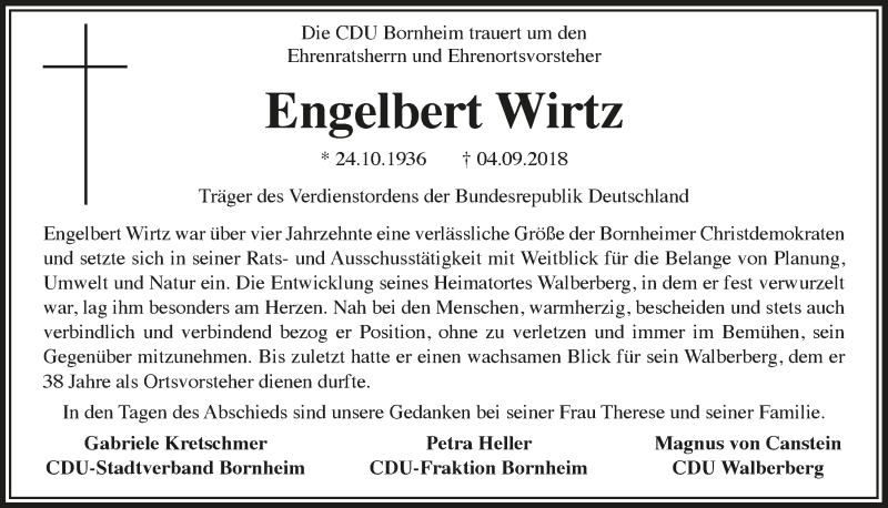  Traueranzeige für Engelbert Wirtz vom 12.09.2018 aus  Schaufenster/Blickpunkt 
