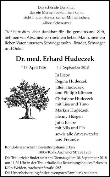 Anzeige von Erhard Hudeczek von Kölner Stadt-Anzeiger / Kölnische Rundschau / Express