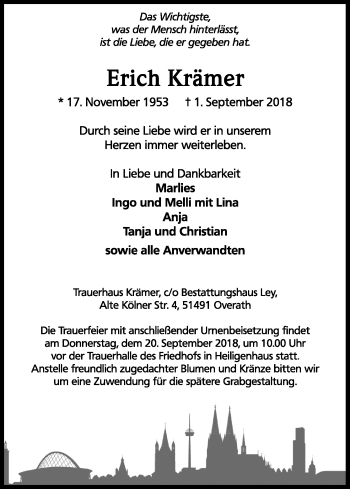 Anzeige von Erich Krämer von Kölner Stadt-Anzeiger / Kölnische Rundschau / Express
