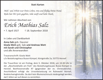 Anzeige von Erich Mathias Salz von Kölner Stadt-Anzeiger / Kölnische Rundschau / Express