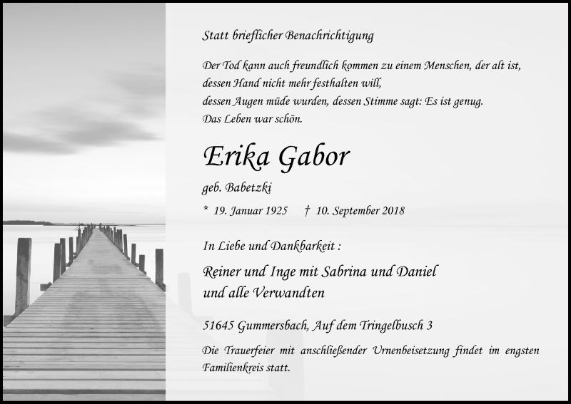  Traueranzeige für Erika Gabor vom 14.09.2018 aus Kölner Stadt-Anzeiger / Kölnische Rundschau / Express
