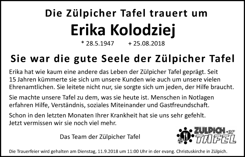  Traueranzeige für Erika Kolodziej vom 08.09.2018 aus  Blickpunkt Euskirchen 