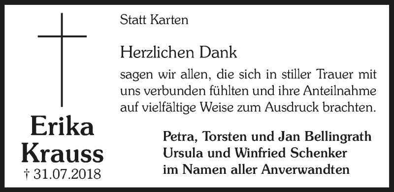  Traueranzeige für Erika Krauss vom 26.09.2018 aus  Anzeigen Echo 