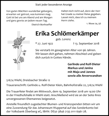 Anzeige von Erika Schlömerkämper von Kölner Stadt-Anzeiger / Kölnische Rundschau / Express