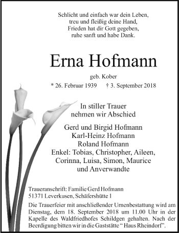 Anzeige von Erna Hofmann von  Bergisches Sonntagsblatt 