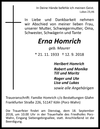 Anzeige von Erna Homrich von Kölner Stadt-Anzeiger / Kölnische Rundschau / Express