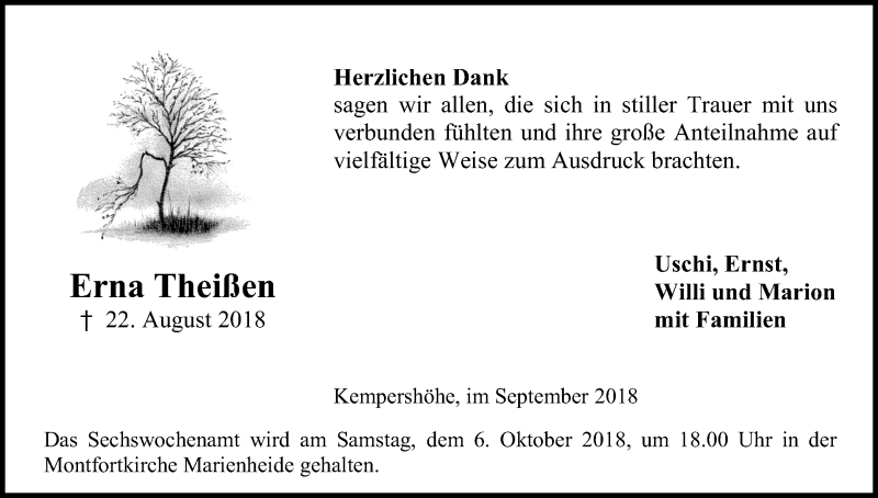  Traueranzeige für Erna Theißen vom 22.09.2018 aus Kölner Stadt-Anzeiger / Kölnische Rundschau / Express