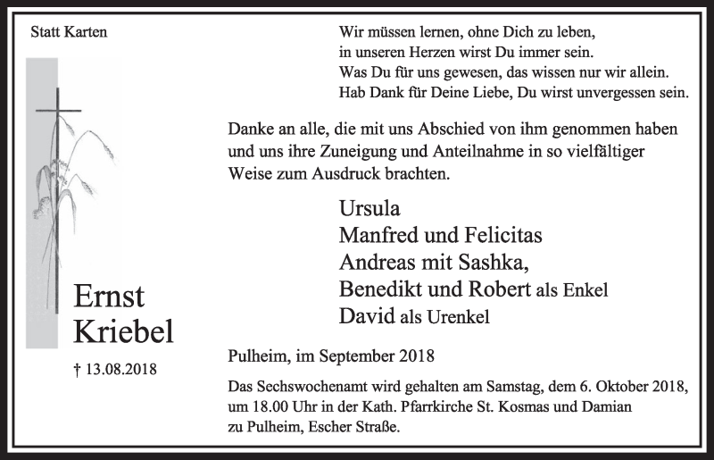  Traueranzeige für Ernst Kriebel vom 15.09.2018 aus  Sonntags-Post 