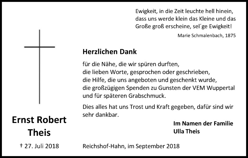  Traueranzeige für Ernst Robert Theis vom 08.09.2018 aus Kölner Stadt-Anzeiger / Kölnische Rundschau / Express