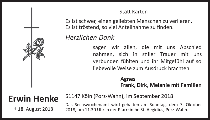  Traueranzeige für Erwin Henke vom 12.09.2018 aus  Kölner Wochenspiegel 