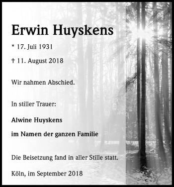 Anzeige von Erwin Huyskens von Kölner Stadt-Anzeiger / Kölnische Rundschau / Express