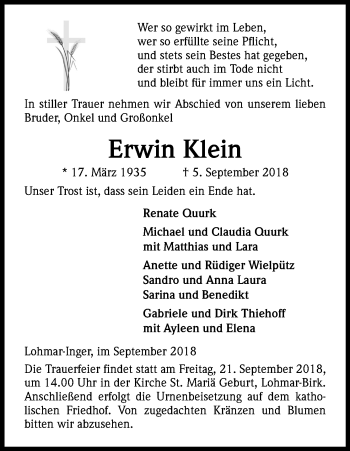 Anzeige von Erwin Klein von Kölner Stadt-Anzeiger / Kölnische Rundschau / Express