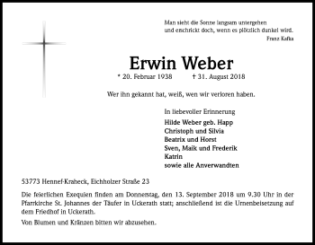 Anzeige von Erwin Weber von Kölner Stadt-Anzeiger / Kölnische Rundschau / Express