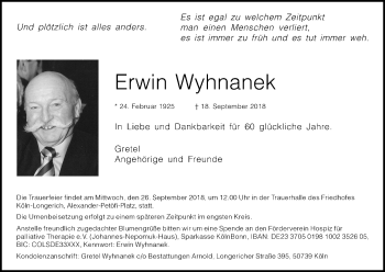 Anzeige von Erwin Wyhnanek von Kölner Stadt-Anzeiger / Kölnische Rundschau / Express