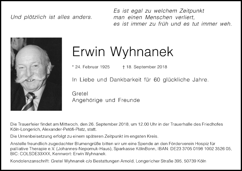  Traueranzeige für Erwin Wyhnanek vom 22.09.2018 aus Kölner Stadt-Anzeiger / Kölnische Rundschau / Express