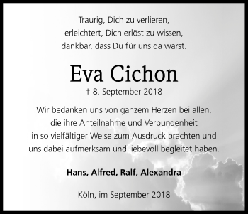 Anzeige von Eva Cichon von Kölner Stadt-Anzeiger / Kölnische Rundschau / Express