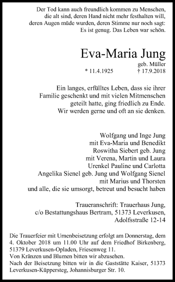Anzeige von Eva-Maria Jung von Kölner Stadt-Anzeiger / Kölnische Rundschau / Express