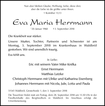 Anzeige von Eva Maria Herrmann von  Lokalanzeiger 