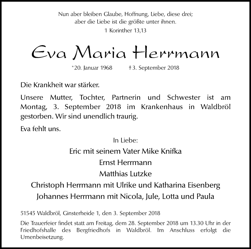  Traueranzeige für Eva Maria Herrmann vom 08.09.2018 aus Kölner Stadt-Anzeiger / Kölnische Rundschau / Express