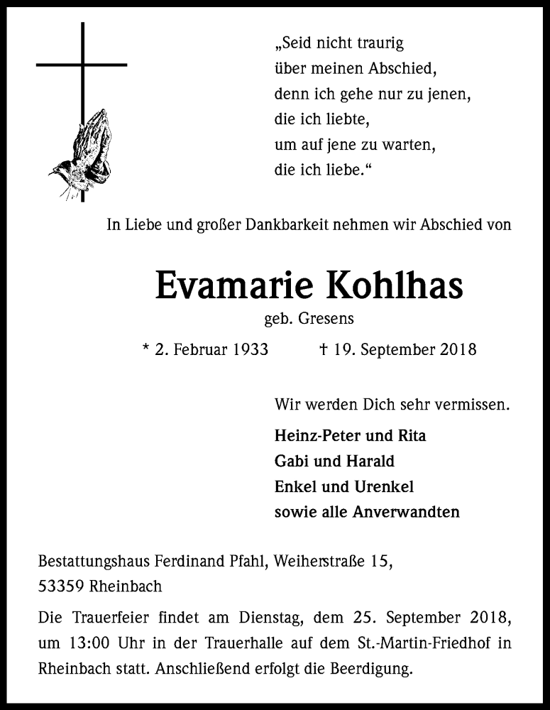  Traueranzeige für Evamarie Kohlhas vom 22.09.2018 aus Kölner Stadt-Anzeiger / Kölnische Rundschau / Express