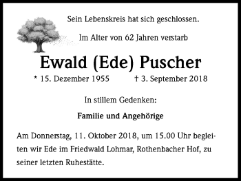 Anzeige von Ewald Puscher von Kölner Stadt-Anzeiger / Kölnische Rundschau / Express