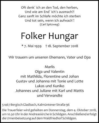 Anzeige von Folker Hungar von Kölner Stadt-Anzeiger / Kölnische Rundschau / Express