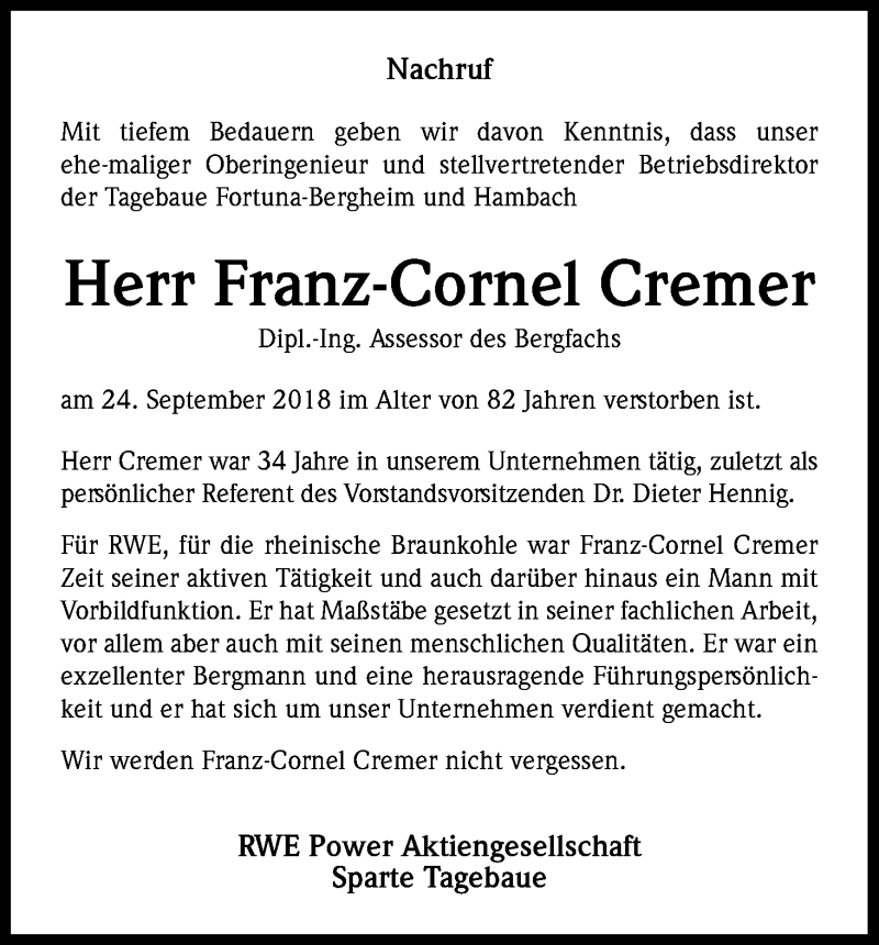  Traueranzeige für Franz-Cornel Cremer vom 29.09.2018 aus Kölner Stadt-Anzeiger / Kölnische Rundschau / Express