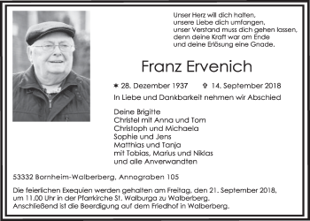 Anzeige von Franz Ervenich von  Schlossbote/Werbekurier 