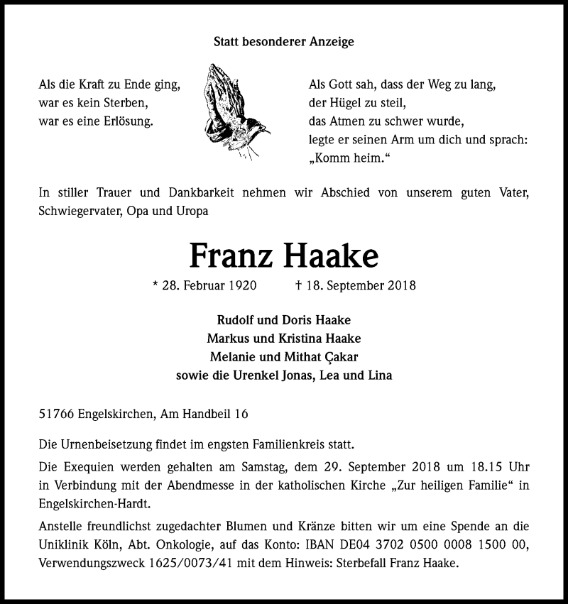  Traueranzeige für Franz Haake vom 21.09.2018 aus Kölner Stadt-Anzeiger / Kölnische Rundschau / Express