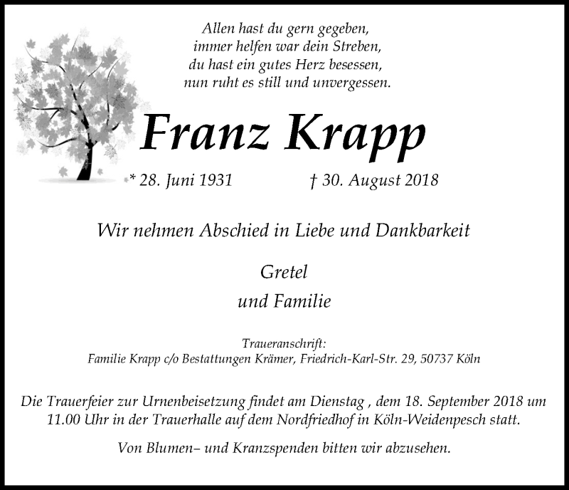  Traueranzeige für Franz Krapp vom 15.09.2018 aus Kölner Stadt-Anzeiger / Kölnische Rundschau / Express