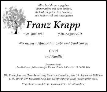 Anzeige von Franz Krapp von Kölner Stadt-Anzeiger / Kölnische Rundschau / Express