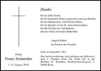 Anzeige von Franz Schneider von Kölner Stadt-Anzeiger / Kölnische Rundschau / Express