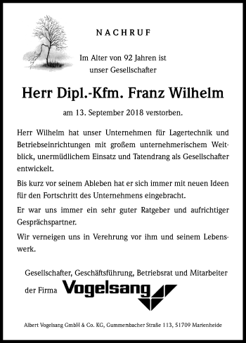 Anzeige von Franz Wilhelm von Kölner Stadt-Anzeiger / Kölnische Rundschau / Express