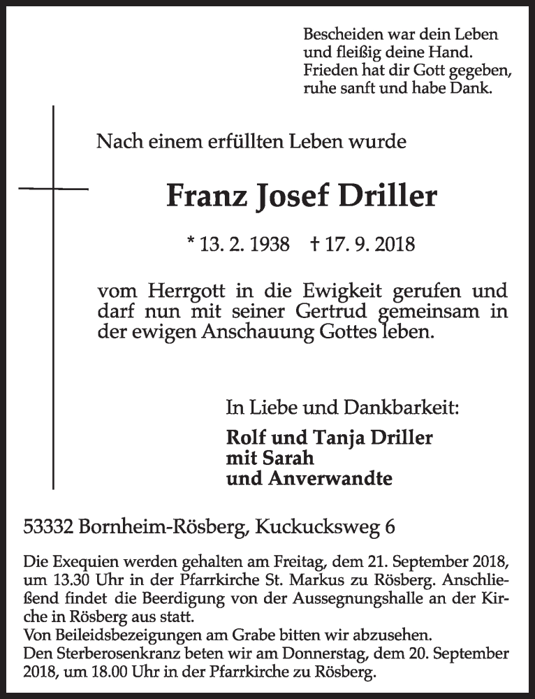  Traueranzeige für Franz Josef Driller vom 19.09.2018 aus  Schaufenster/Blickpunkt  Schlossbote/Werbekurier 