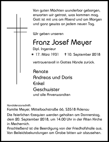 Anzeige von Franz Josef Meyer von  Blickpunkt Euskirchen 