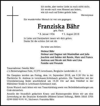 Anzeige von Franziska Bähr von Kölner Stadt-Anzeiger / Kölnische Rundschau / Express