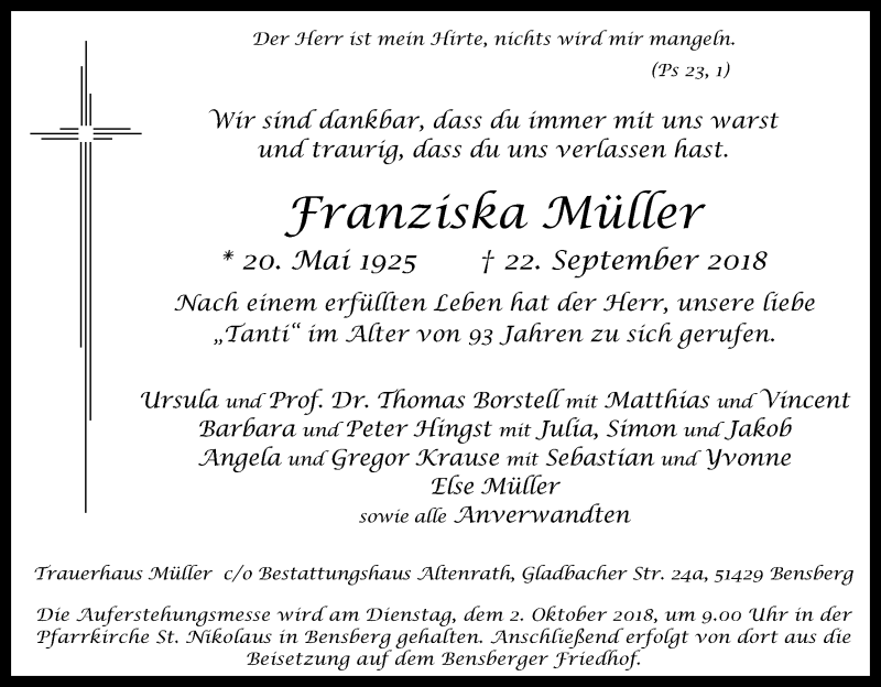  Traueranzeige für Franziska Müller vom 28.09.2018 aus Kölner Stadt-Anzeiger / Kölnische Rundschau / Express