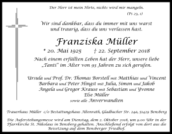 Anzeige von Franziska Müller von Kölner Stadt-Anzeiger / Kölnische Rundschau / Express