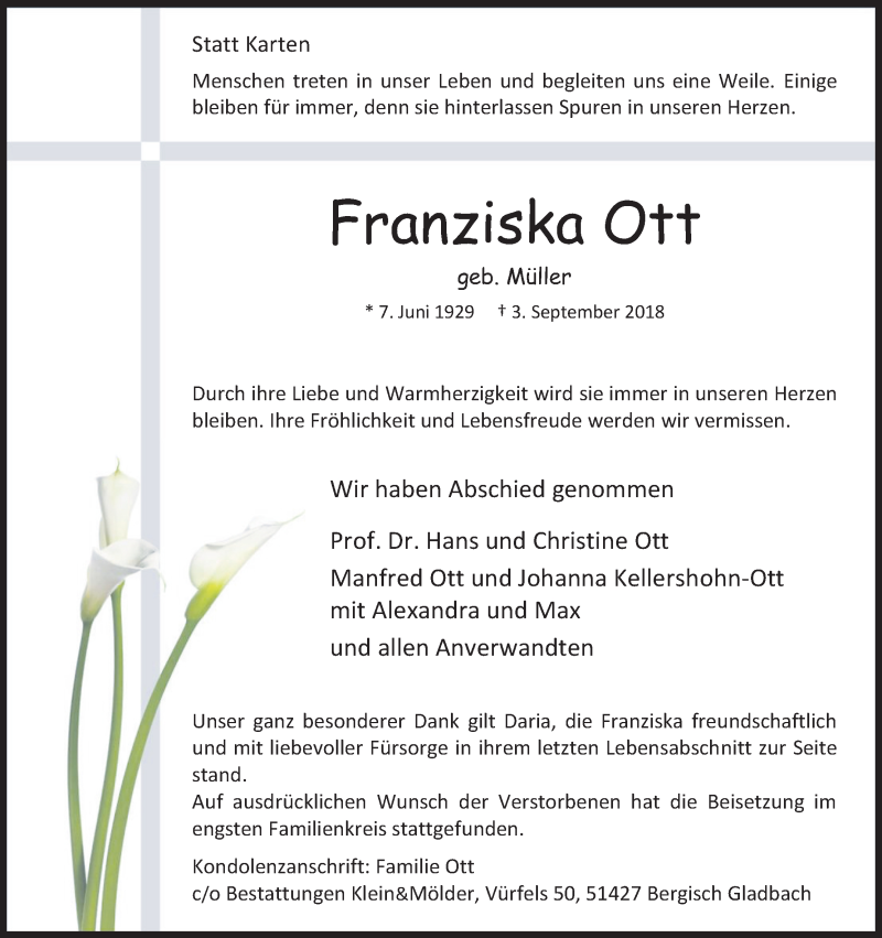  Traueranzeige für Franziska Ott vom 22.09.2018 aus Kölner Stadt-Anzeiger / Kölnische Rundschau / Express